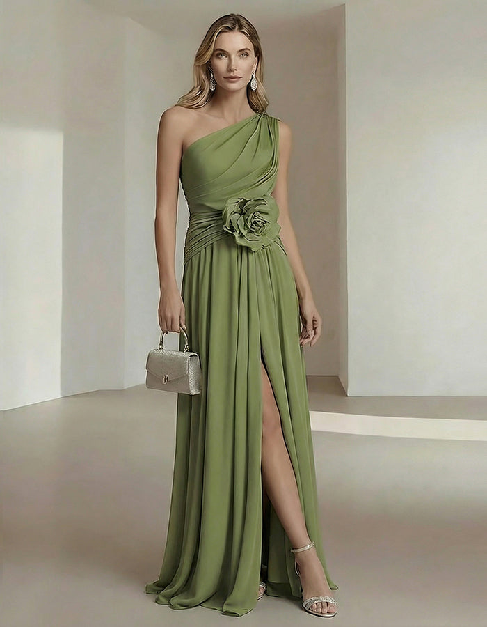 One-Shoulder Chiffon Maxi Dress with 3D Florals and High Slit