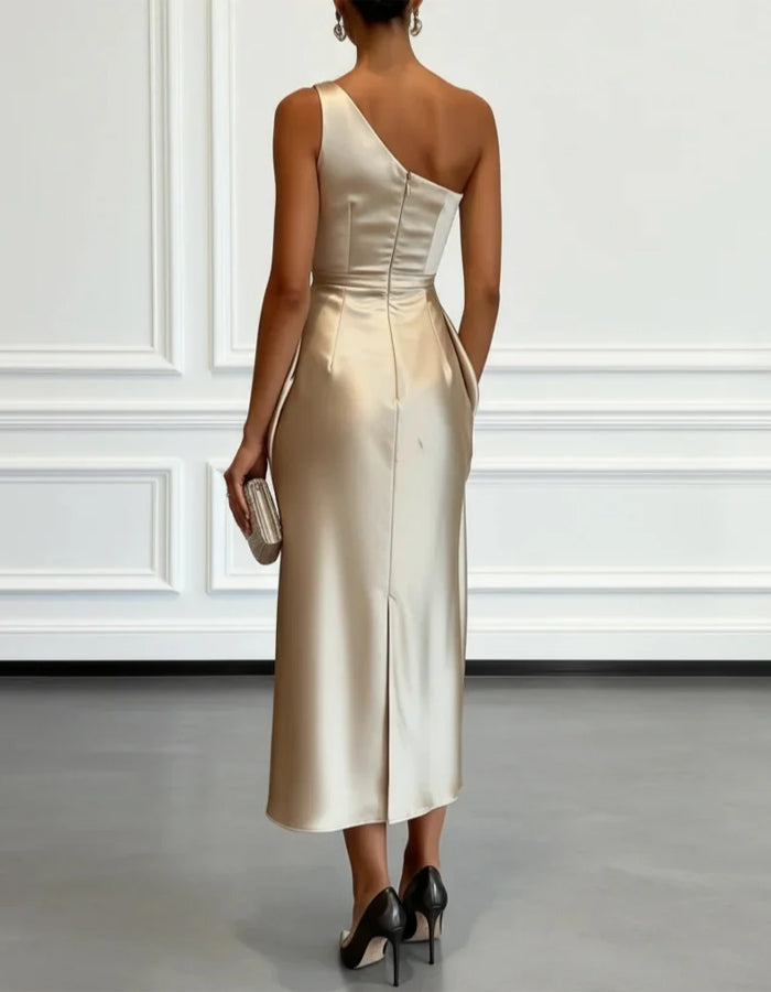 Solid Color Satin One-Shoulder Pleated Midi Dress