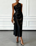 Solid Color Satin One-Shoulder Pleated Midi Dress