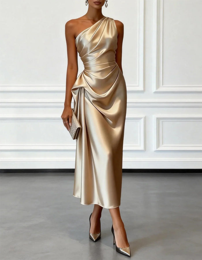 Solid Color Satin One-Shoulder Pleated Midi Dress