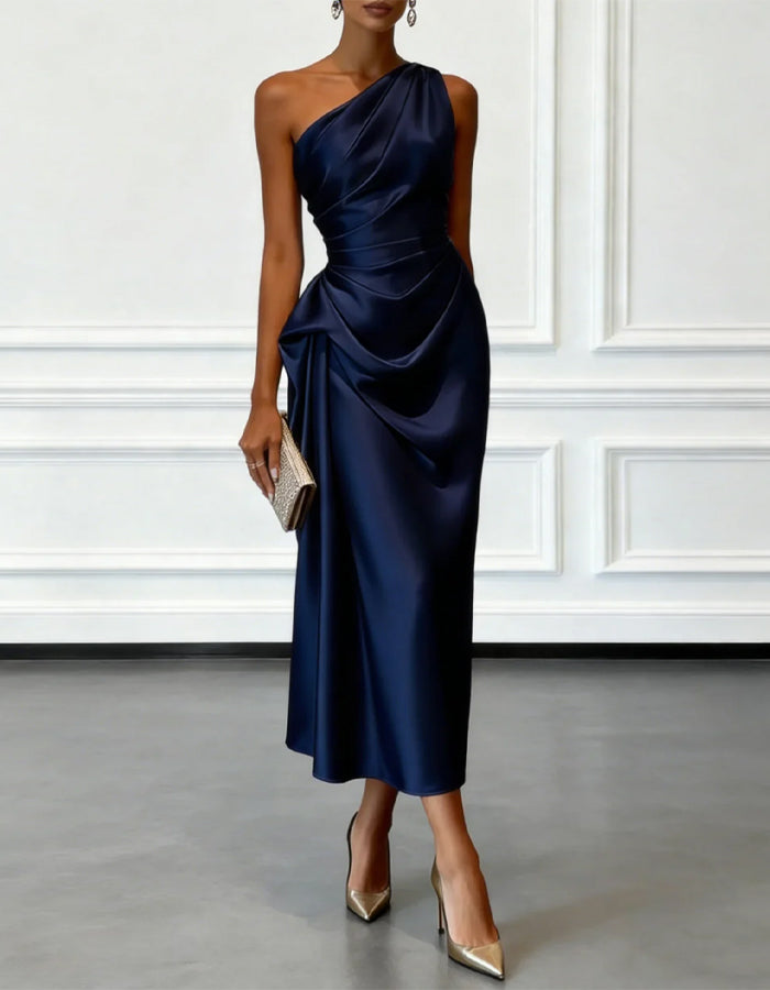 Solid Color Satin One-Shoulder Pleated Midi Dress