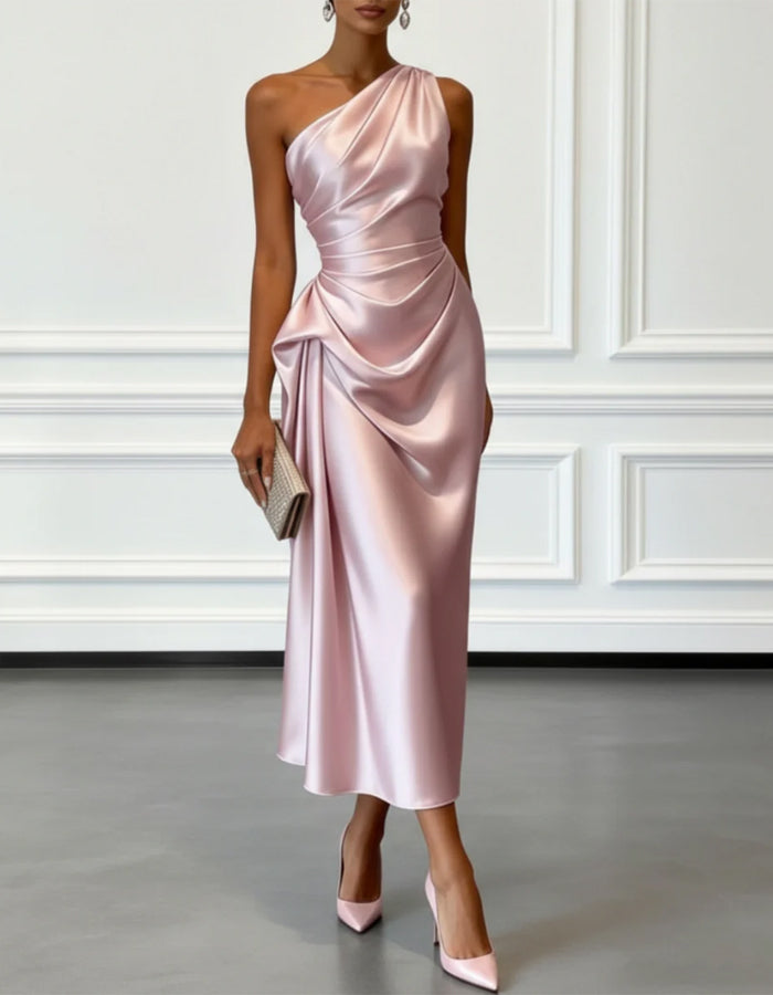 Solid Color Satin One-Shoulder Pleated Midi Dress