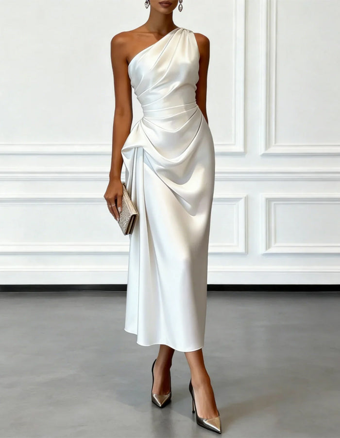 Solid Color Satin One-Shoulder Pleated Midi Dress