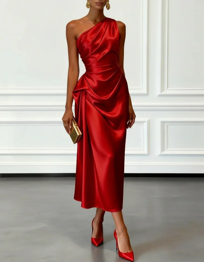 Solid Color Satin One-Shoulder Pleated Midi Dress
