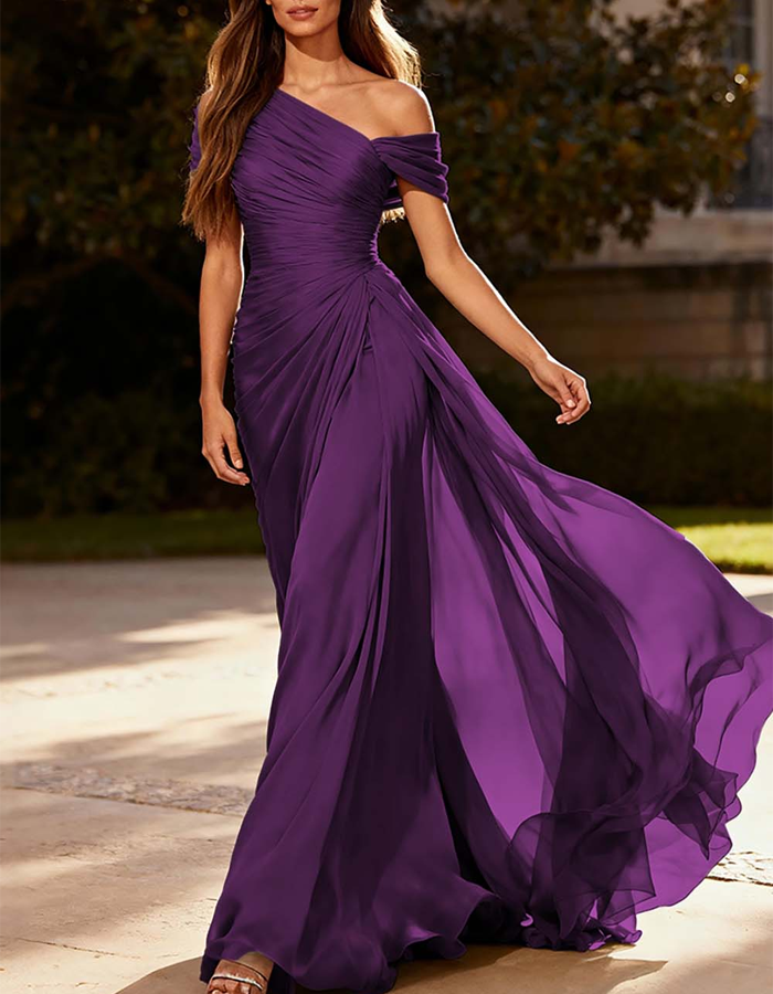 Asymmetrical Pleated Chiffon One-Shoulder Maxi Dress