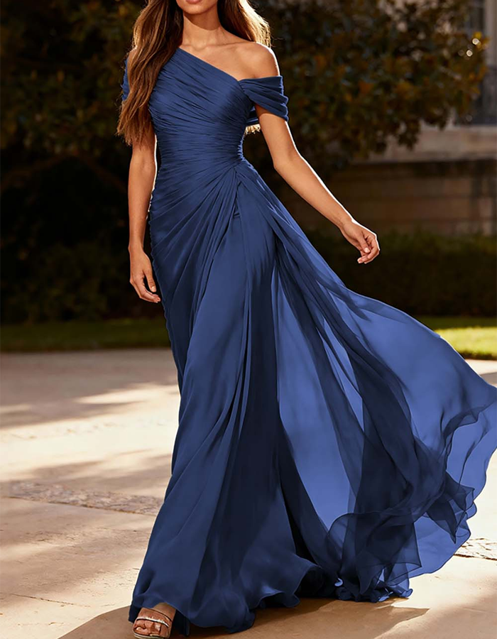 Asymmetrical Pleated Chiffon One-Shoulder Maxi Dress