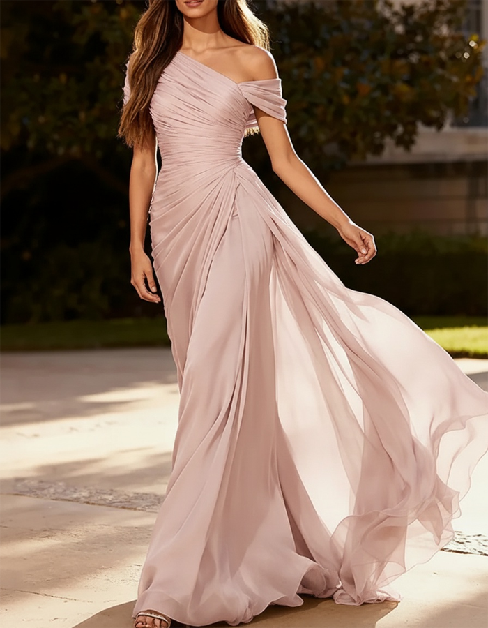 Asymmetrical Pleated Chiffon One-Shoulder Maxi Dress