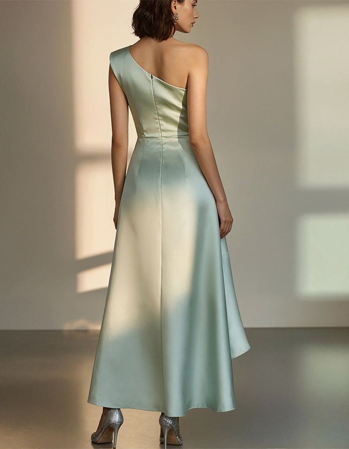 Elegant Satin One-Shoulder Gown with Asymmetric Ruffle