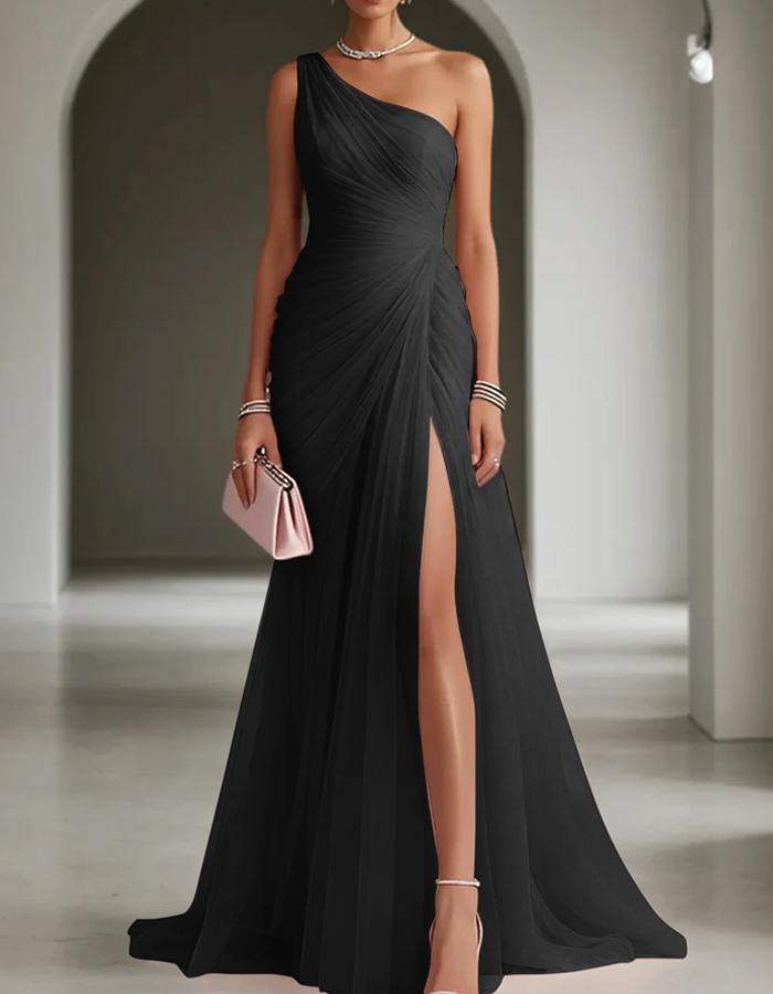 One-Shoulder Pleated Chiffon Maxi Dress with High Slit