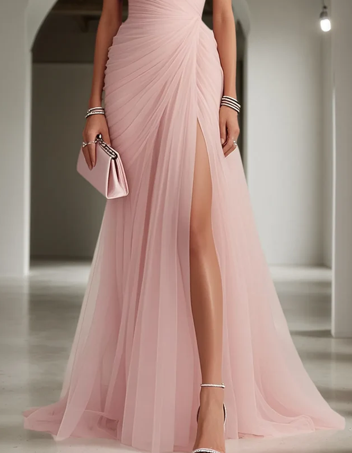 One-Shoulder Pleated Chiffon Maxi Dress with High Slit