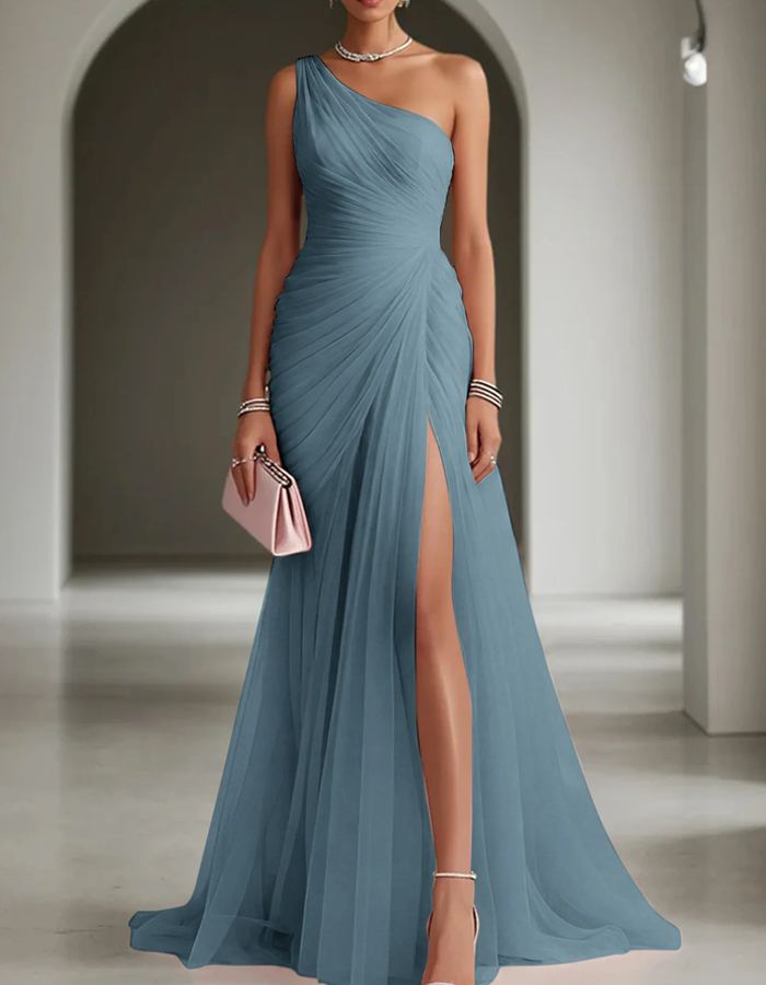 One-Shoulder Pleated Chiffon Maxi Dress with High Slit