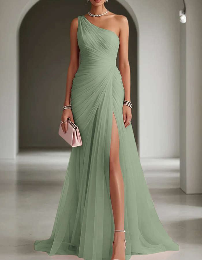 One-Shoulder Pleated Chiffon Maxi Dress with High Slit