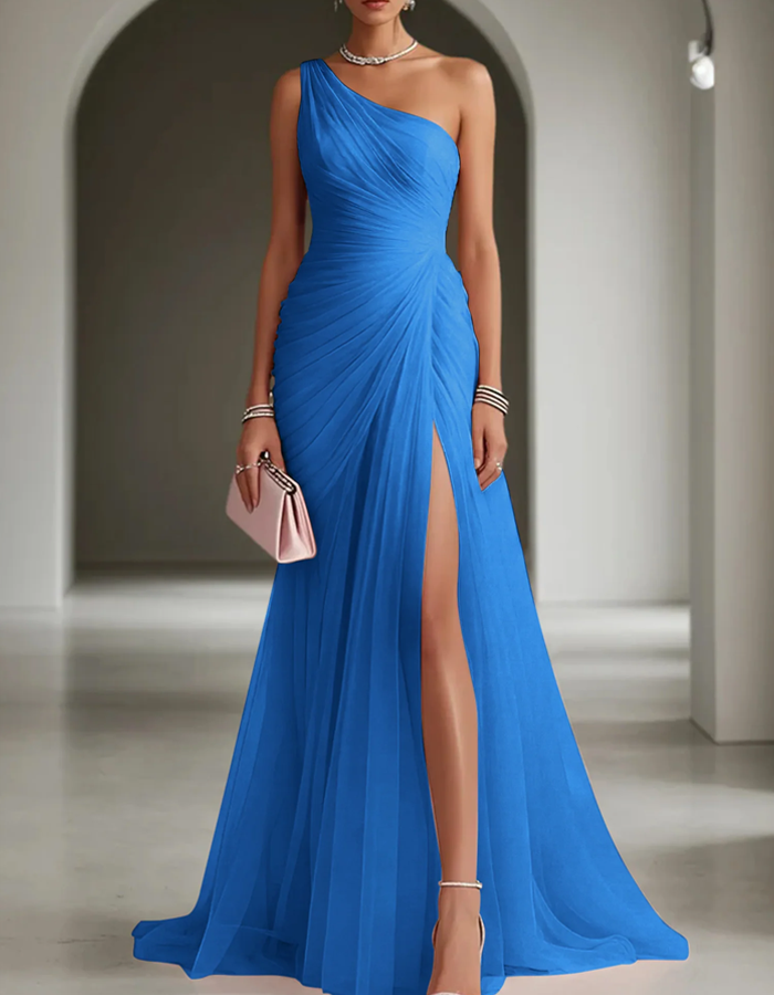 One-Shoulder Pleated Chiffon Maxi Dress with High Slit