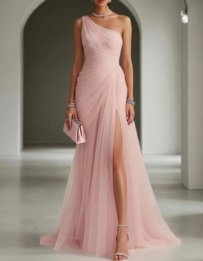 One-Shoulder Pleated Chiffon Maxi Dress with High Slit