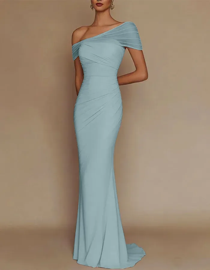 One-Shoulder Mesh Patched Pleated Mermaid Maxi Dress