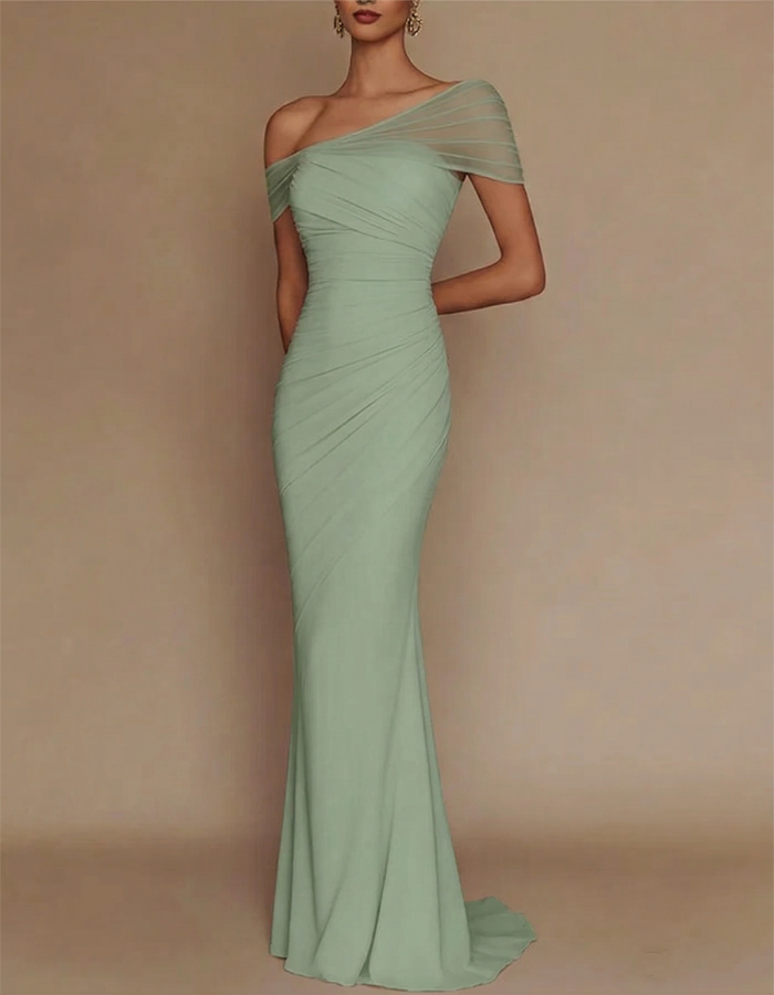 One-Shoulder Mesh Patched Pleated Mermaid Maxi Dress