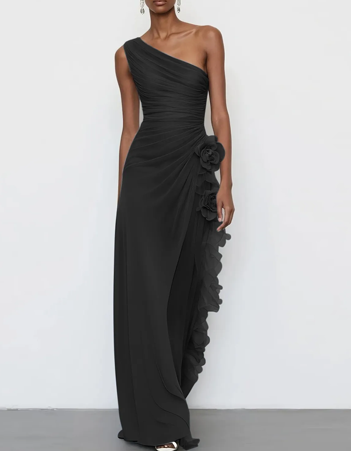 One-Shoulder Chiffon Floral Draped Maxi Dress
