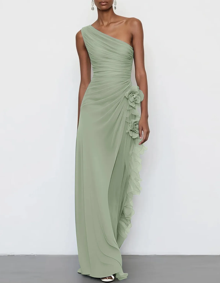 One-Shoulder Chiffon Floral Draped Maxi Dress