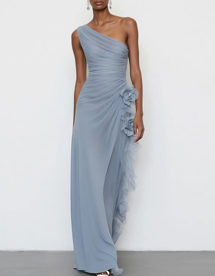 One-Shoulder Chiffon Floral Draped Maxi Dress