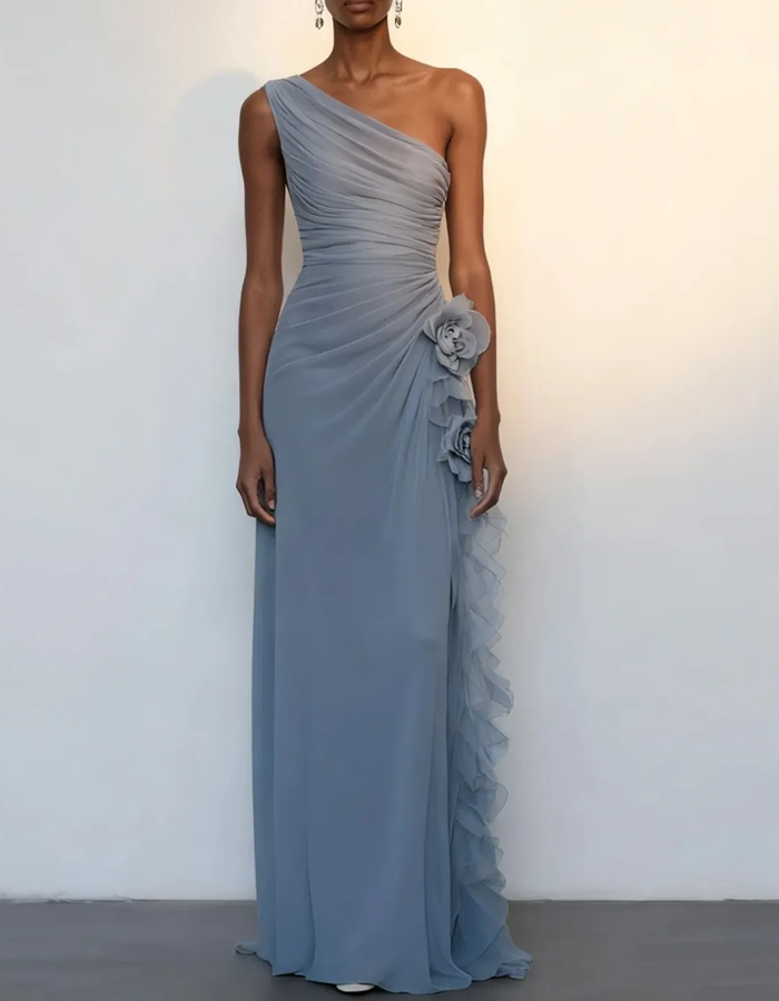 One-Shoulder Chiffon Floral Draped Maxi Dress