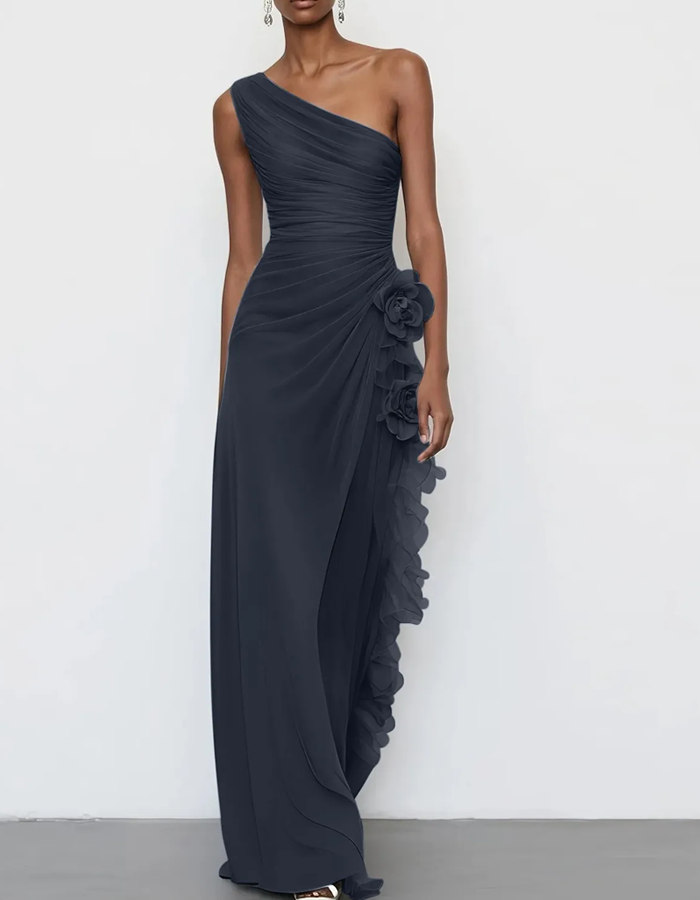 One-Shoulder Chiffon Floral Draped Maxi Dress