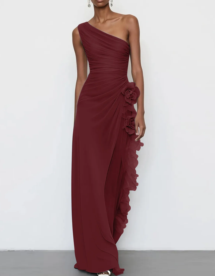 One-Shoulder Chiffon Floral Draped Maxi Dress