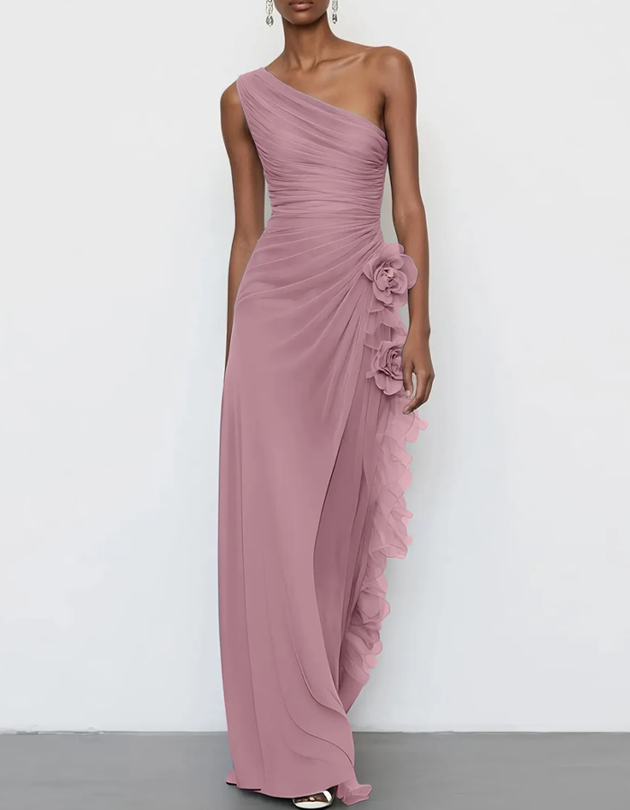One-Shoulder Chiffon Floral Draped Maxi Dress