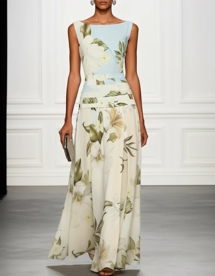 Magnolia Floral Print Chiffon Round Neck Maxi Dress