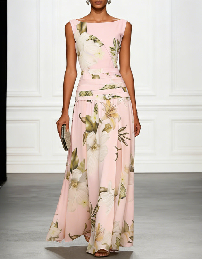 Magnolia Floral Print Chiffon Round Neck Maxi Dress