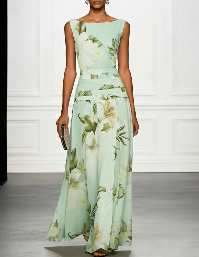 Magnolia Floral Print Chiffon Round Neck Maxi Dress