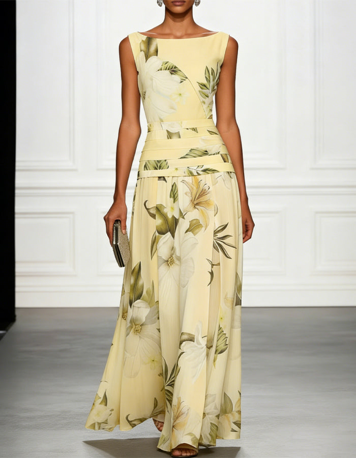 Magnolia Floral Print Chiffon Round Neck Maxi Dress