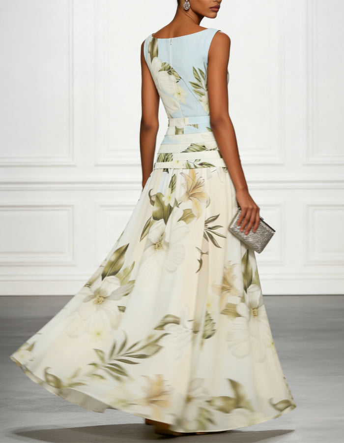Magnolia Floral Print Chiffon Round Neck Maxi Dress