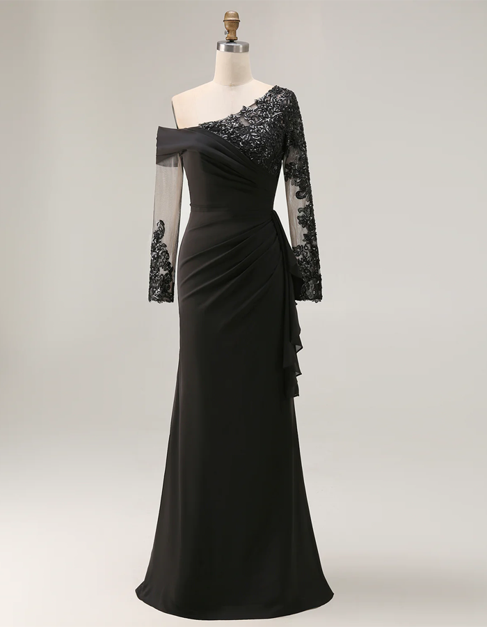 Solid Color One-Shoulder Lace Draped Maxi Dress
