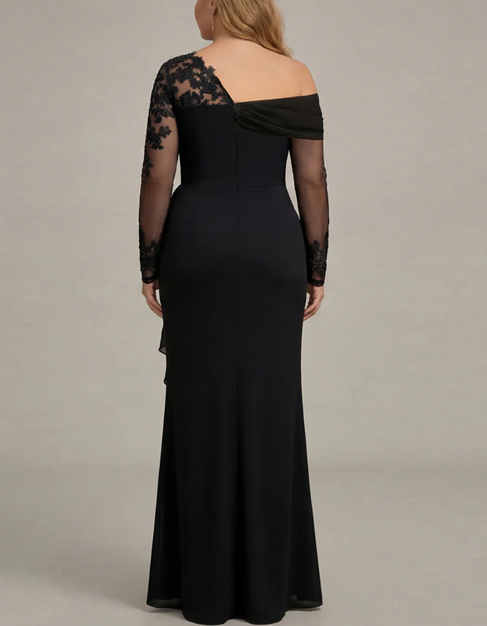 Solid Color One-Shoulder Lace Draped Maxi Dress