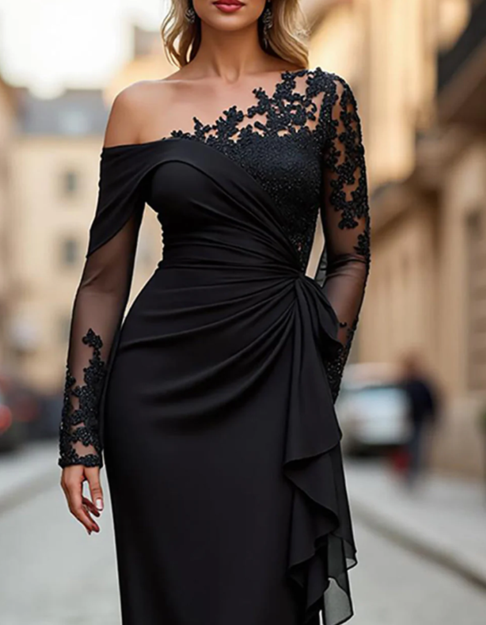Solid Color One-Shoulder Lace Draped Maxi Dress