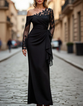 Solid Color One-Shoulder Lace Draped Maxi Dress