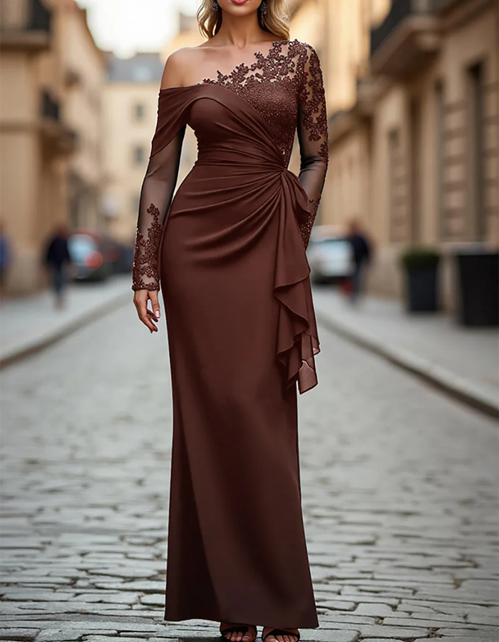 Solid Color One-Shoulder Lace Draped Maxi Dress