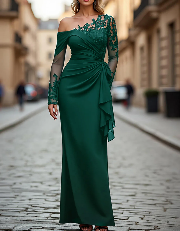 Solid Color One-Shoulder Lace Draped Maxi Dress