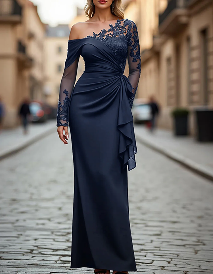 Solid Color One-Shoulder Lace Draped Maxi Dress