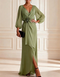 Chiffon V-Neck Puff Sleeve Maxi Dress