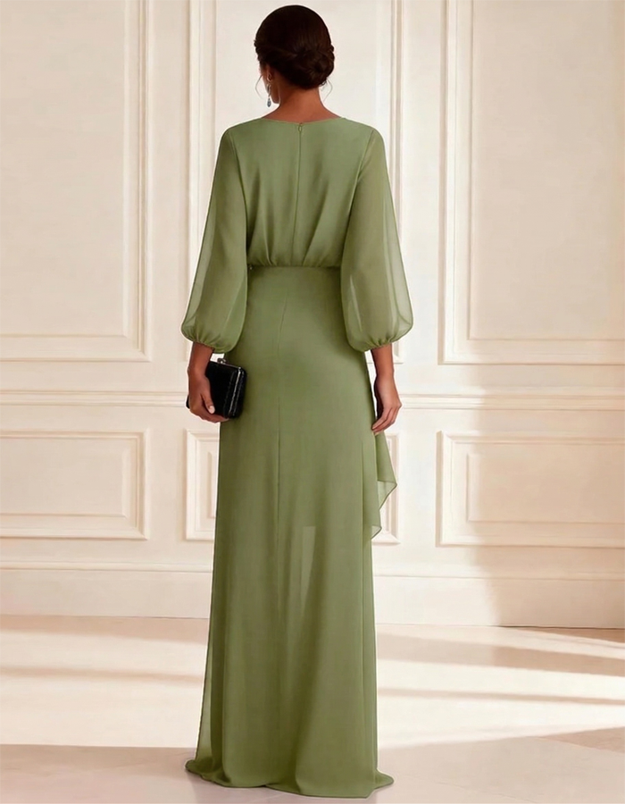 Chiffon V-Neck Puff Sleeve Maxi Dress