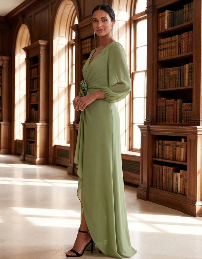 Chiffon V-Neck Puff Sleeve Maxi Dress