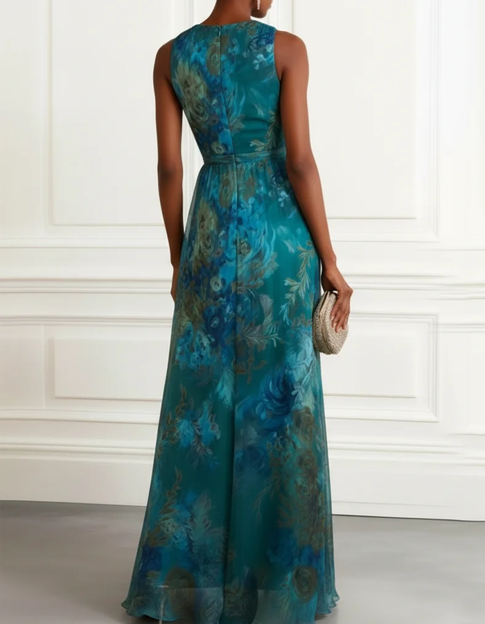 Watercolor Floral V-Neck Chiffon Maxi Dress