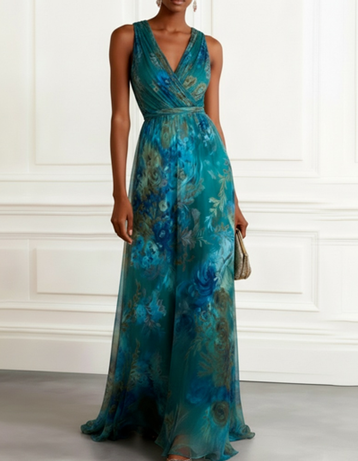 Watercolor Floral V-Neck Chiffon Maxi Dress