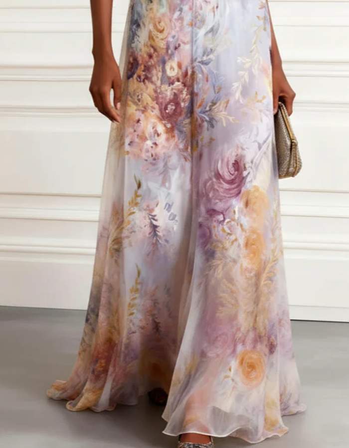 Watercolor Floral V-Neck Chiffon Maxi Dress