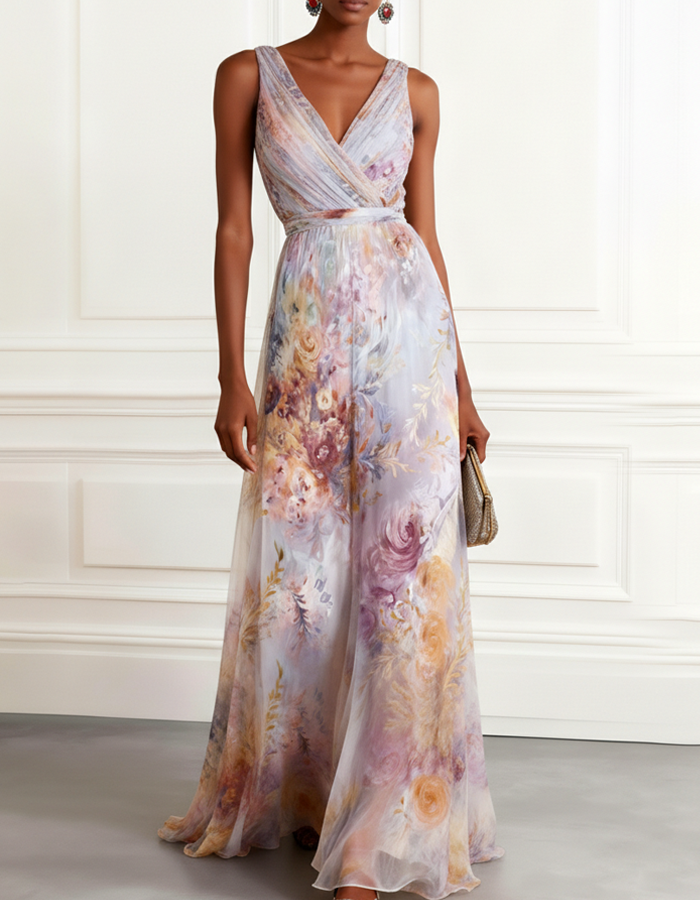 Watercolor Floral V-Neck Chiffon Maxi Dress
