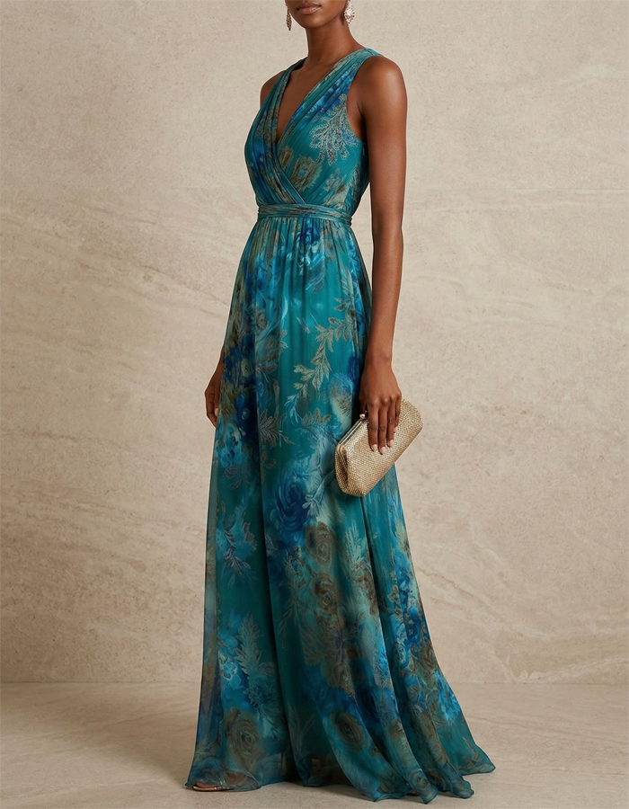 Watercolor Floral V-Neck Chiffon Maxi Dress