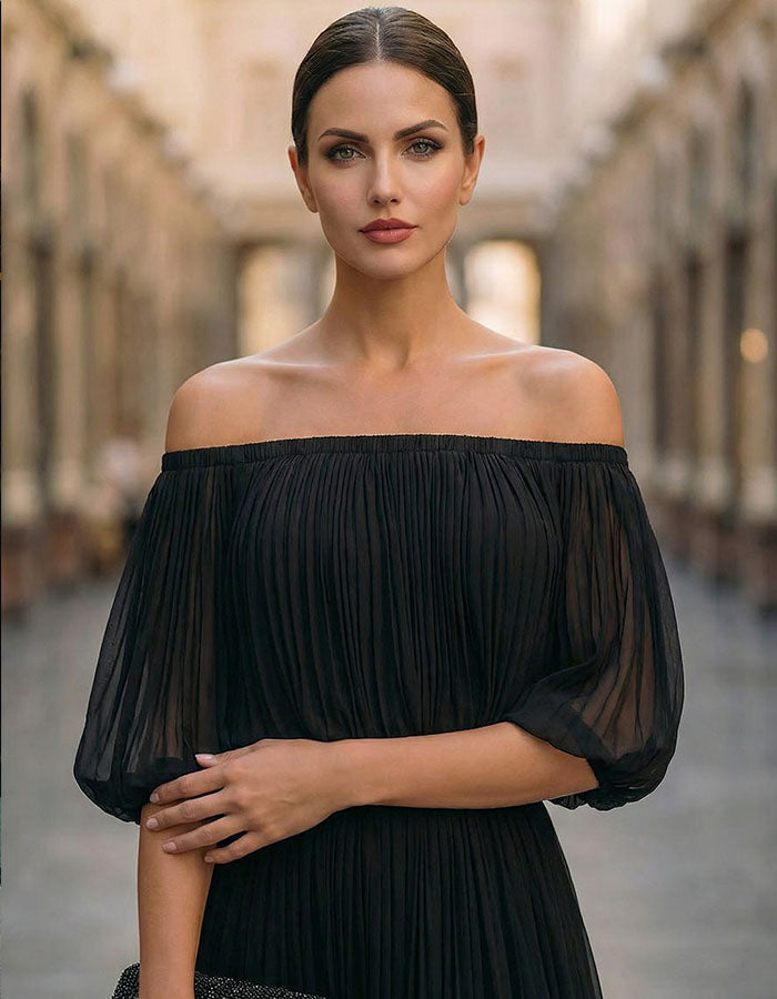 Off-Shoulder Chiffon Slit Maxi Dress