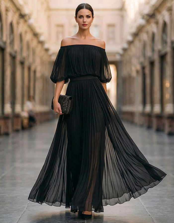 Off-Shoulder Chiffon Slit Maxi Dress