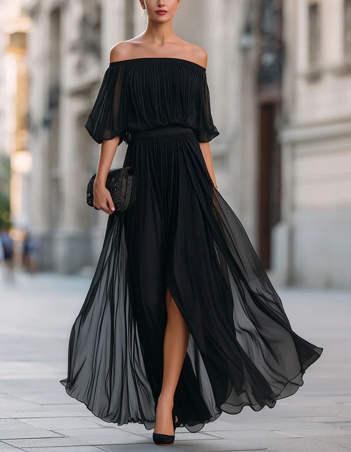 Off-Shoulder Chiffon Slit Maxi Dress